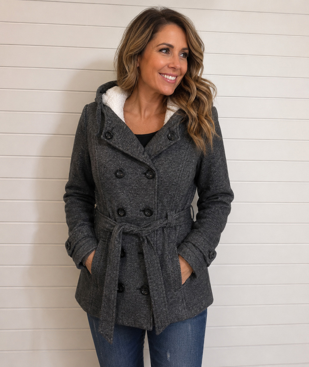 Ashley Outerwear Women's Gray Hooded Peacoat Sherpa Lined Belted Coat Size Large